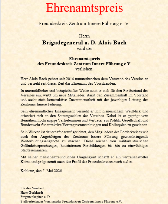 Ehrenamtspreis für Herrn Brigadegeneral a.D. Bach